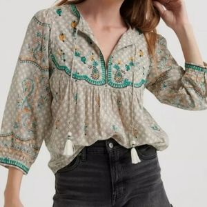 Lucky Brand Green Evelyn Embroidery Peasant Top Small